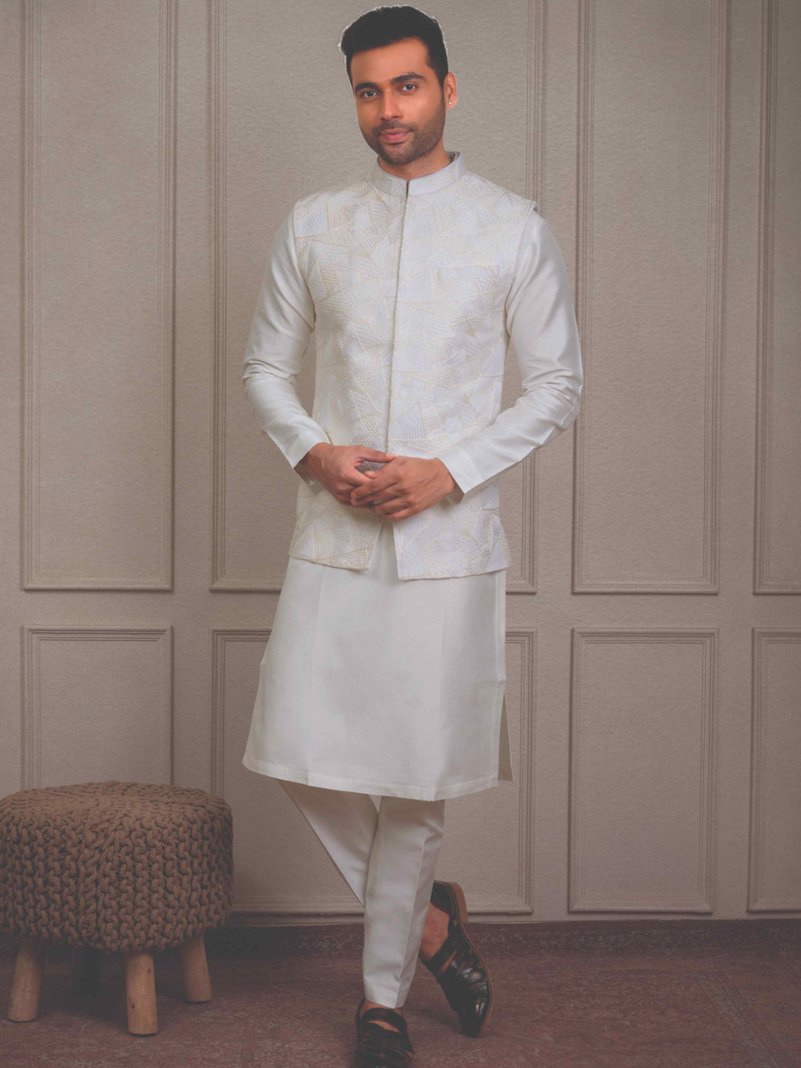 White Silk Woven Groom Wedding Kurta