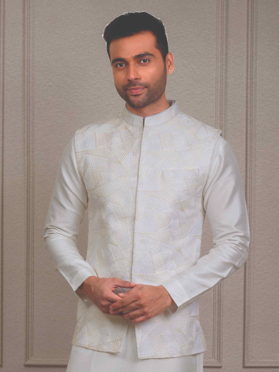 White Silk Woven Groom Wedding Kurta