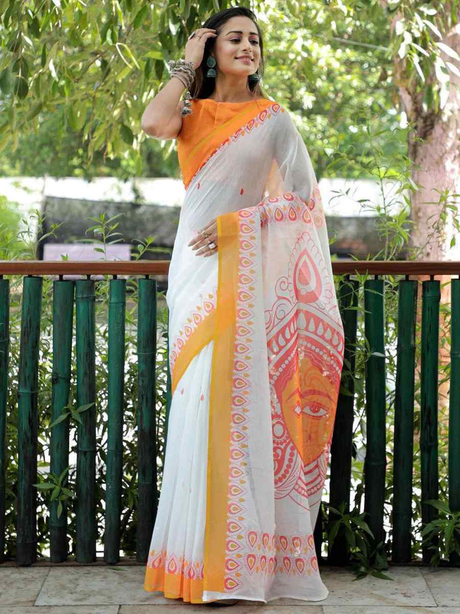 White Soft Linen Handwoven Festival Casual Classic Style Saree