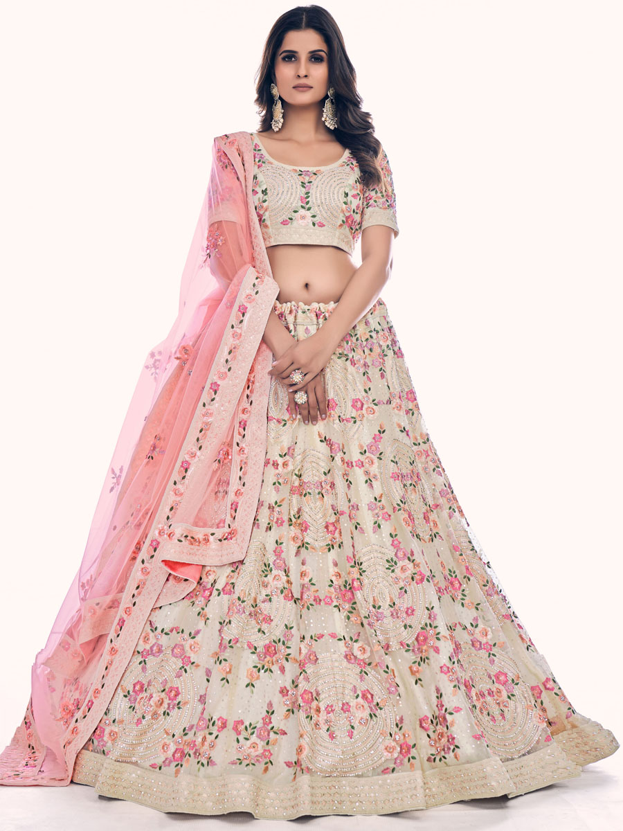 White Soft Net Embroidered Bridal Wedding Heavy Border Lehenga Choli