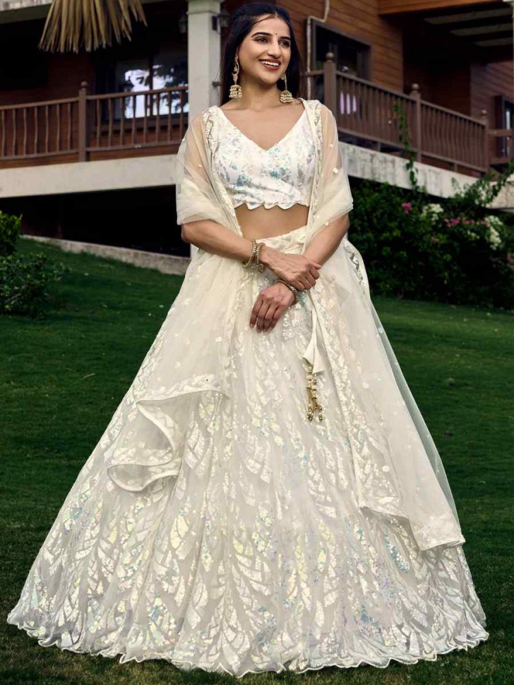 White Soft Net Embroidered Bridesmaid Wedding Heavy Border Lehenga Choli