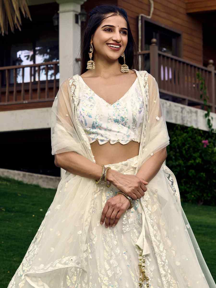 White Soft Net Embroidered Bridesmaid Wedding Heavy Border Lehenga Choli