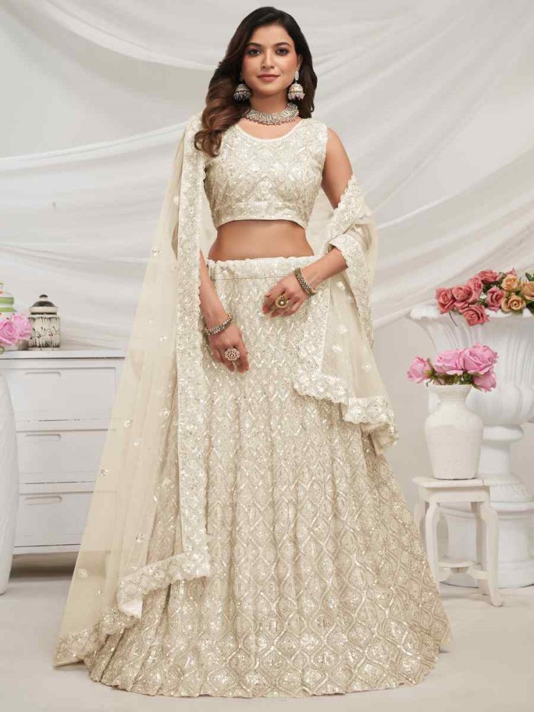 White Soft Net Embroidered Bridesmaid Wedding Heavy Border Lehenga Choli