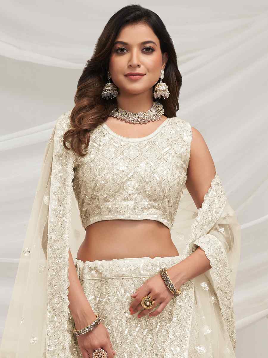 White Soft Net Embroidered Bridesmaid Wedding Heavy Border Lehenga Choli