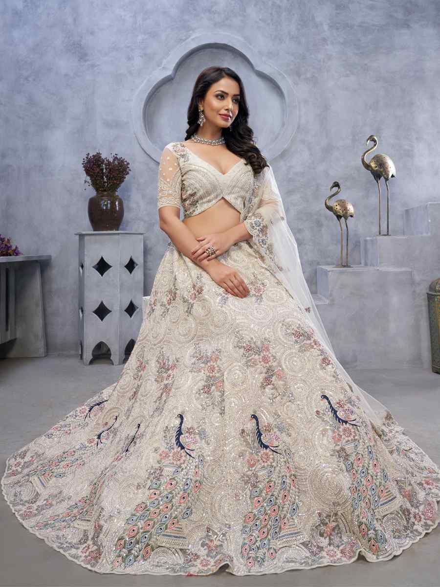 White Soft Net Embroidered Wedding Festival Heavy Border Lehenga Choli