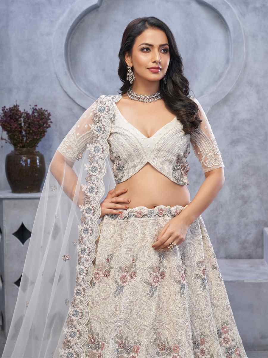 White Soft Net Embroidered Wedding Festival Heavy Border Lehenga Choli