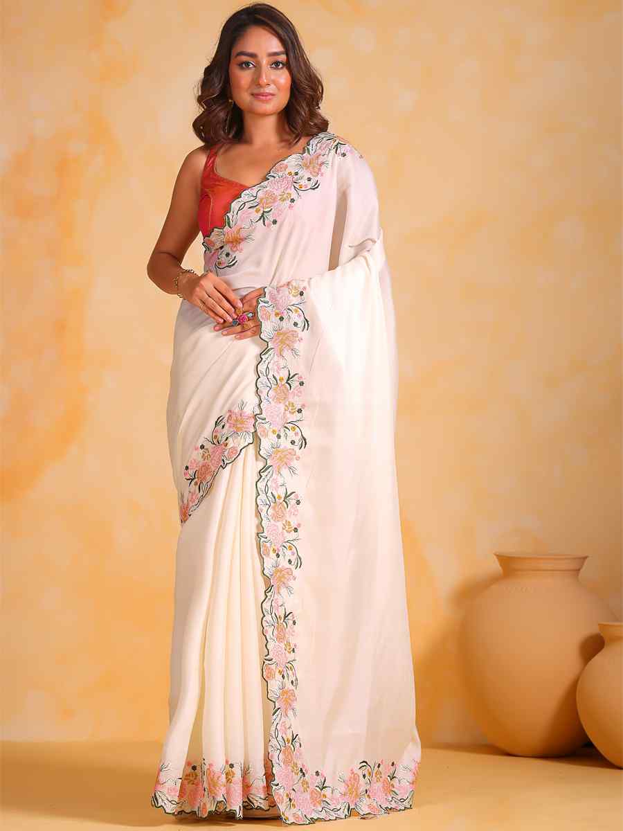 White Tusser Silk Embroidered Party Reception Heavy Border Saree