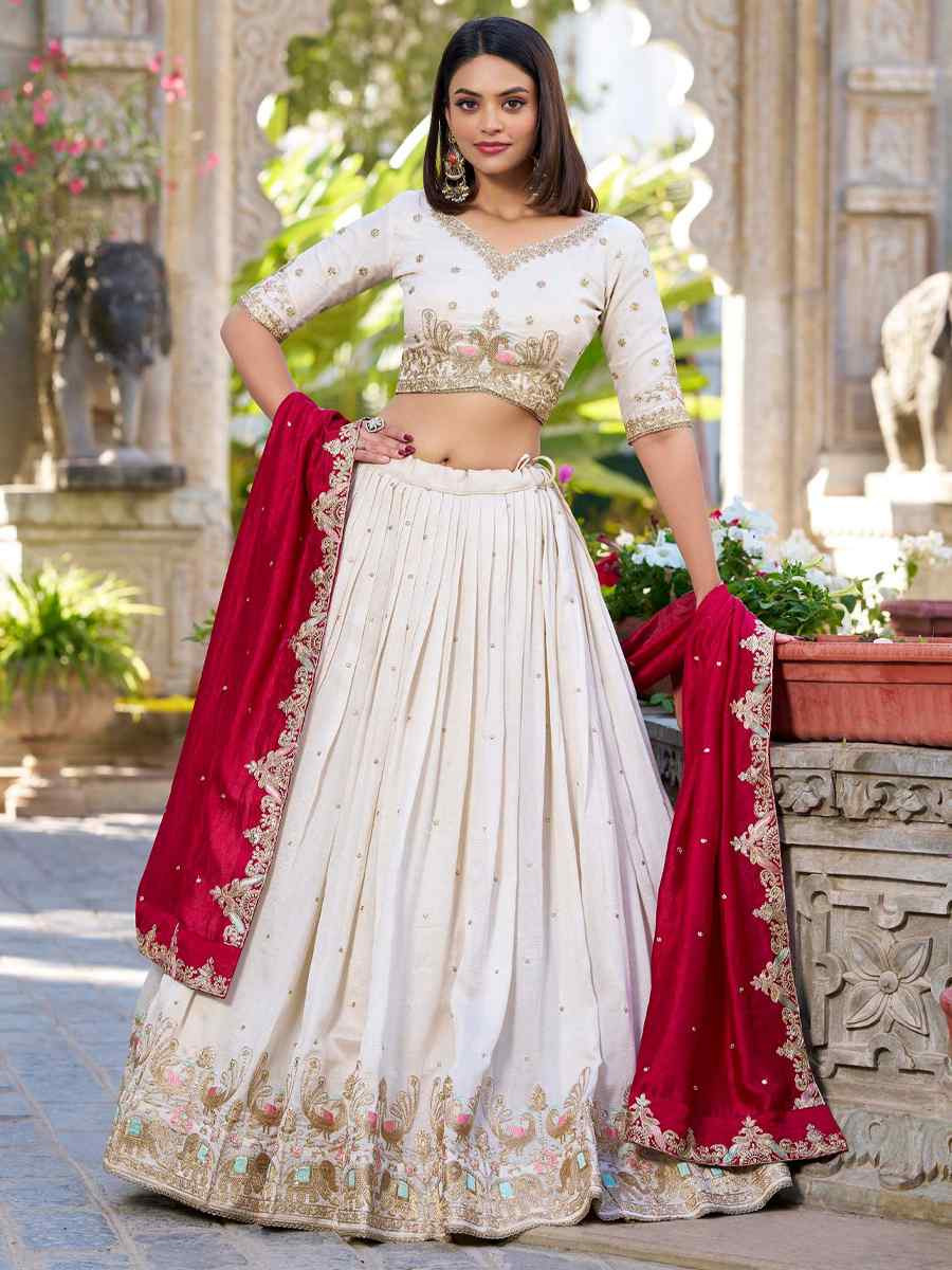 White Vichitra Silk Embroidered Mehendi Festival Circular Lehenga Choli