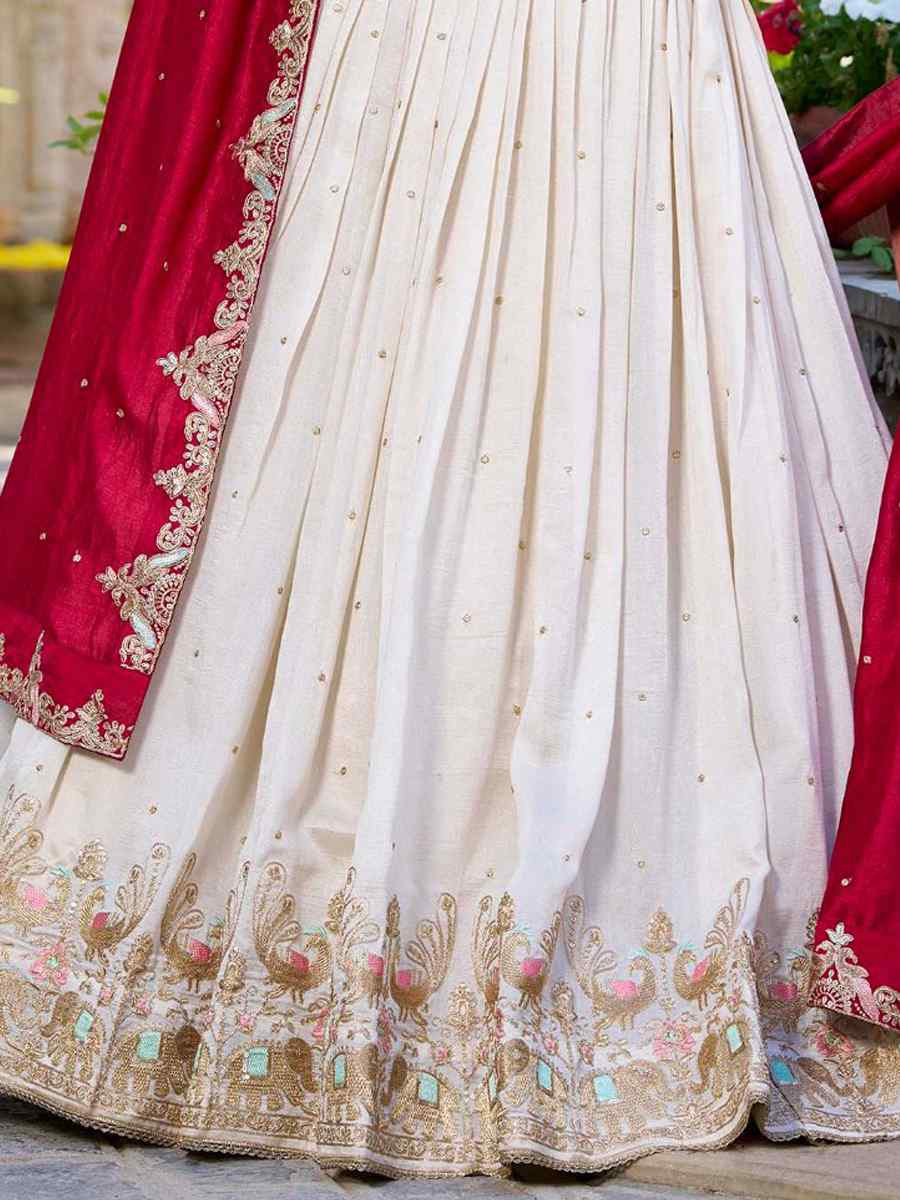 White Vichitra Silk Embroidered Mehendi Festival Circular Lehenga Choli