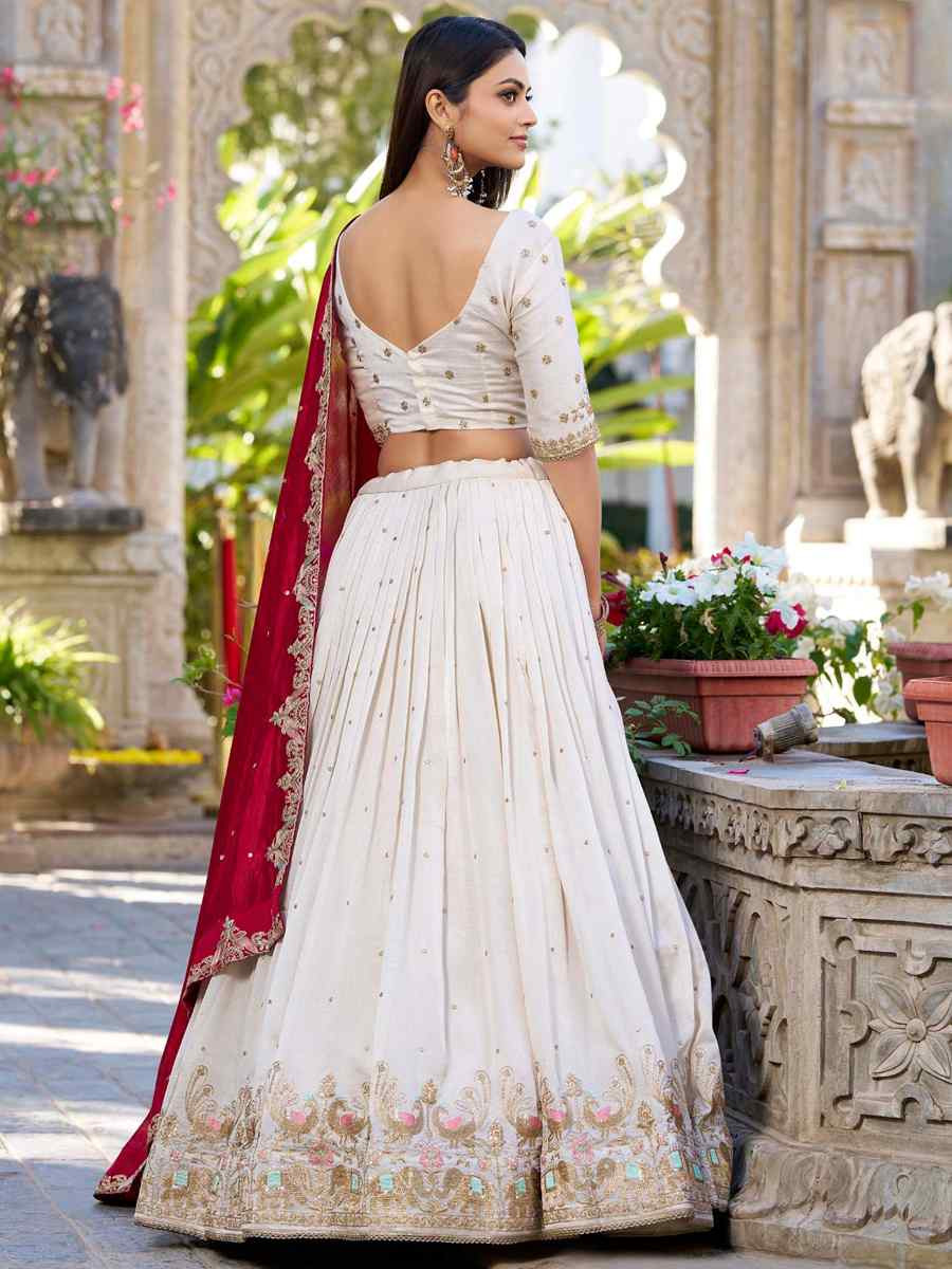 White Vichitra Silk Embroidered Mehendi Festival Circular Lehenga Choli