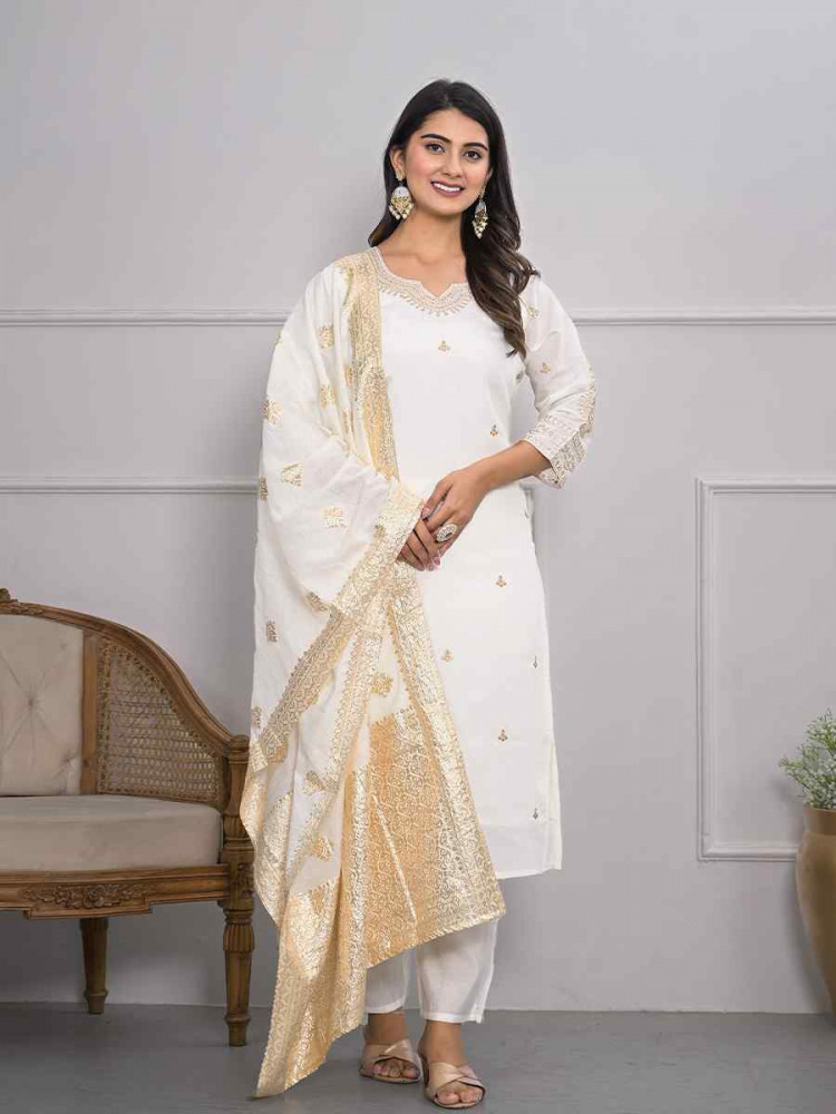 White Viscoce Silk Embroidered Festival Wedding Ready Pant Salwar Kameez