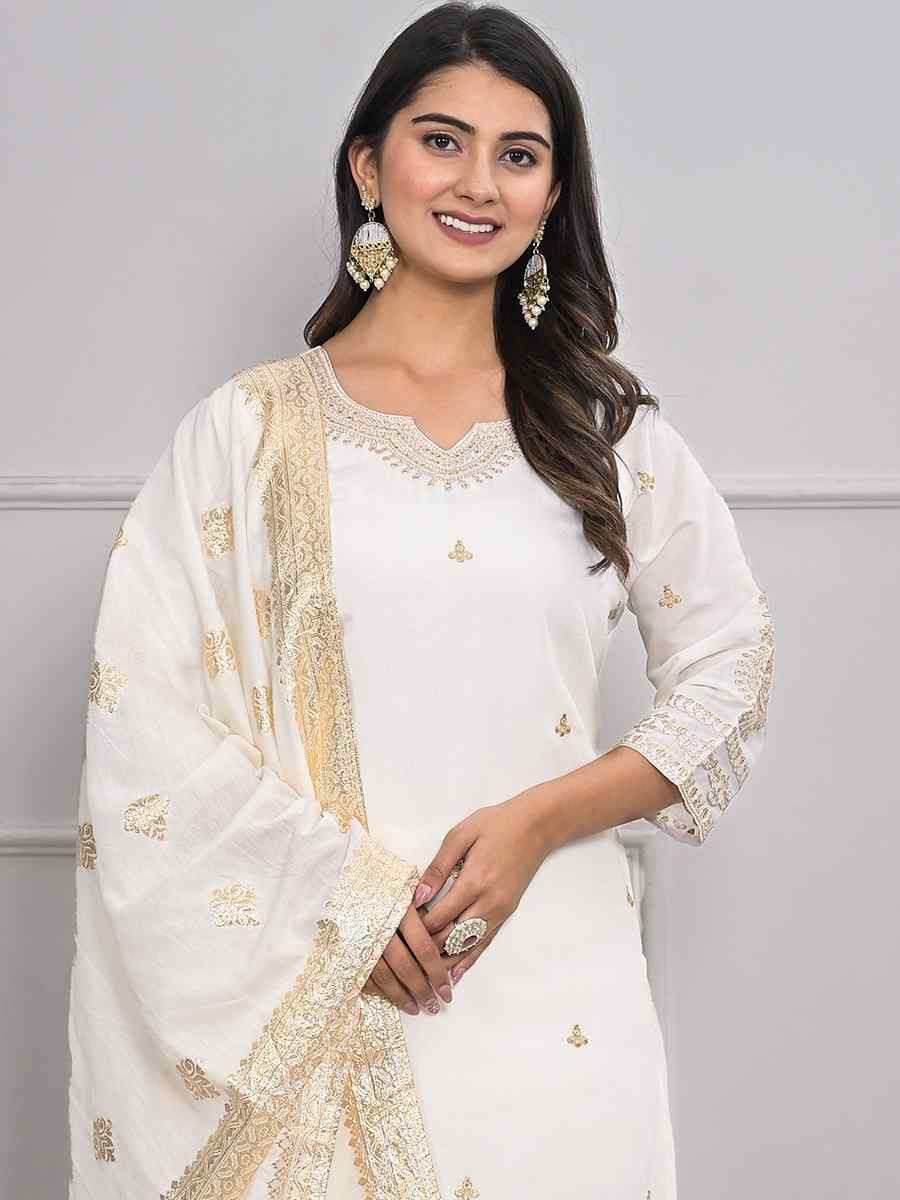 White Viscoce Silk Embroidered Festival Wedding Ready Pant Salwar Kameez