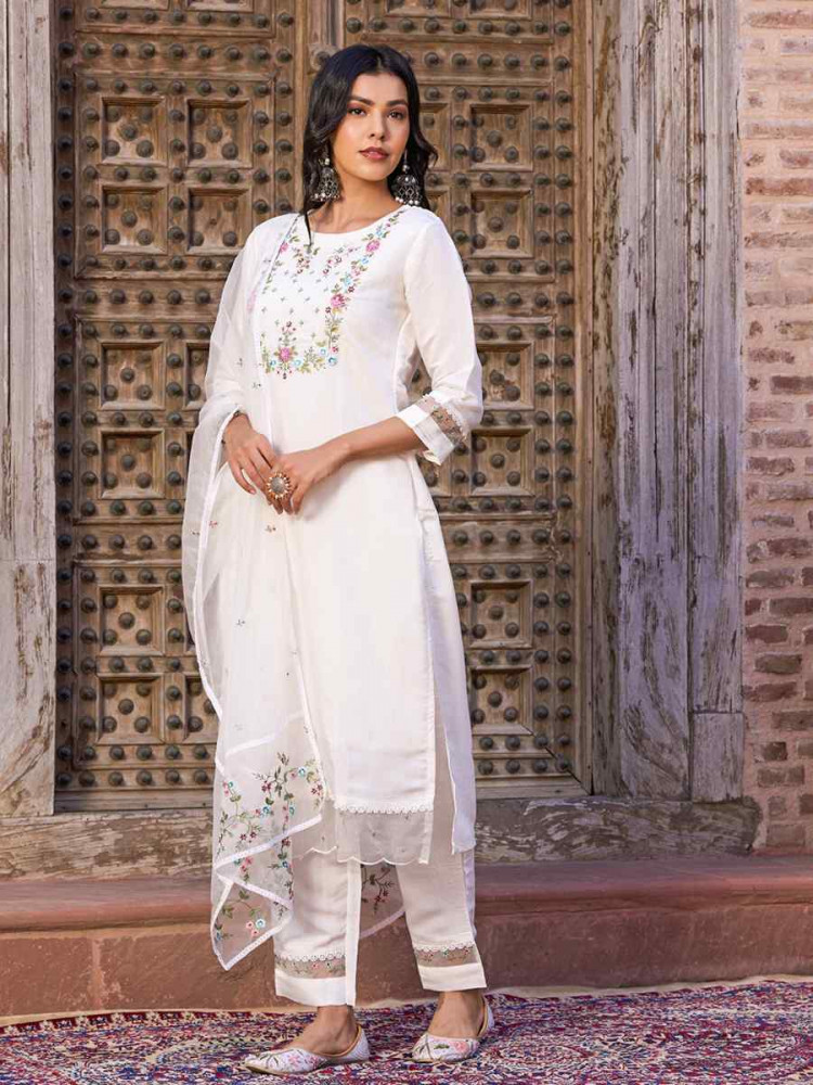 White Viscose Chanderi Embroidered Festival Casual Ready Pant Salwar Kameez