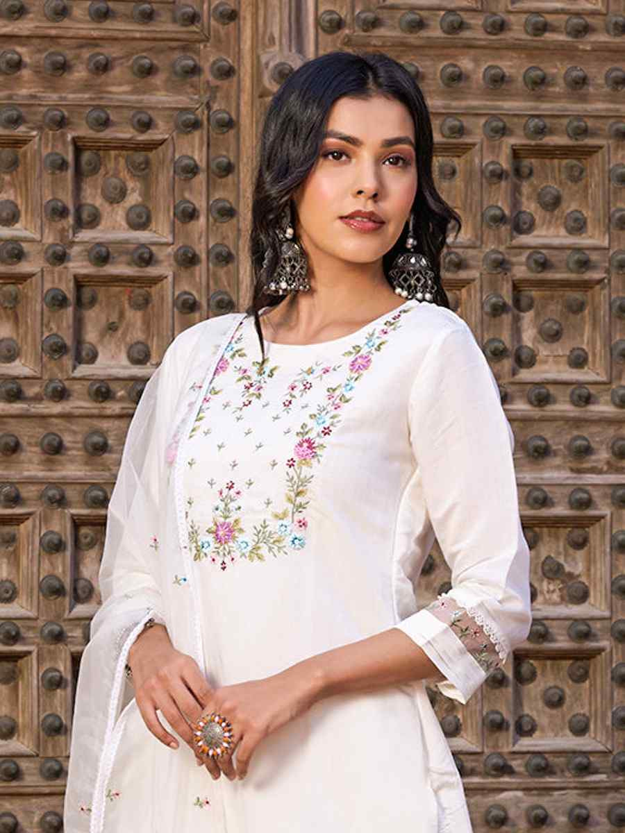 White Viscose Chanderi Embroidered Festival Casual Ready Pant Salwar Kameez