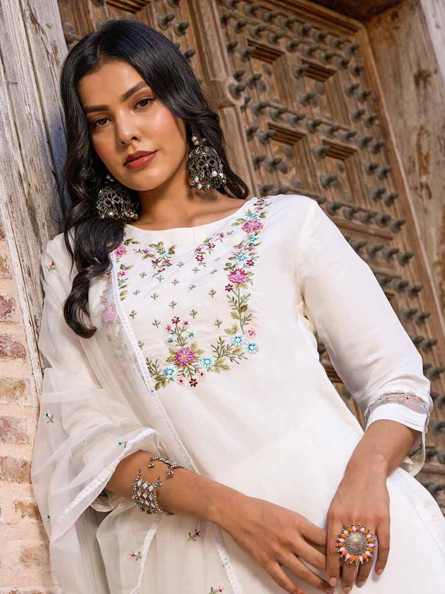 White Viscose Chanderi Embroidered Festival Casual Ready Pant Salwar Kameez