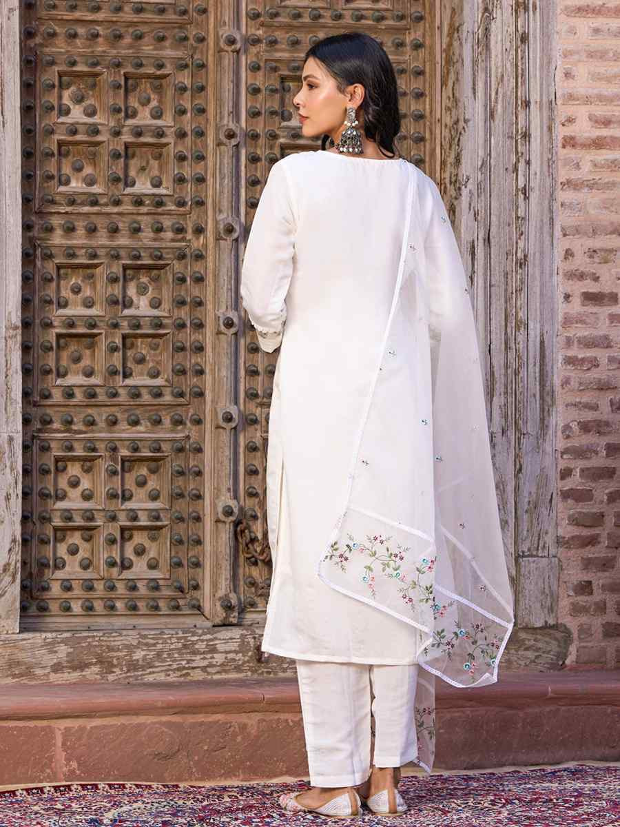 White Viscose Chanderi Embroidered Festival Casual Ready Pant Salwar Kameez