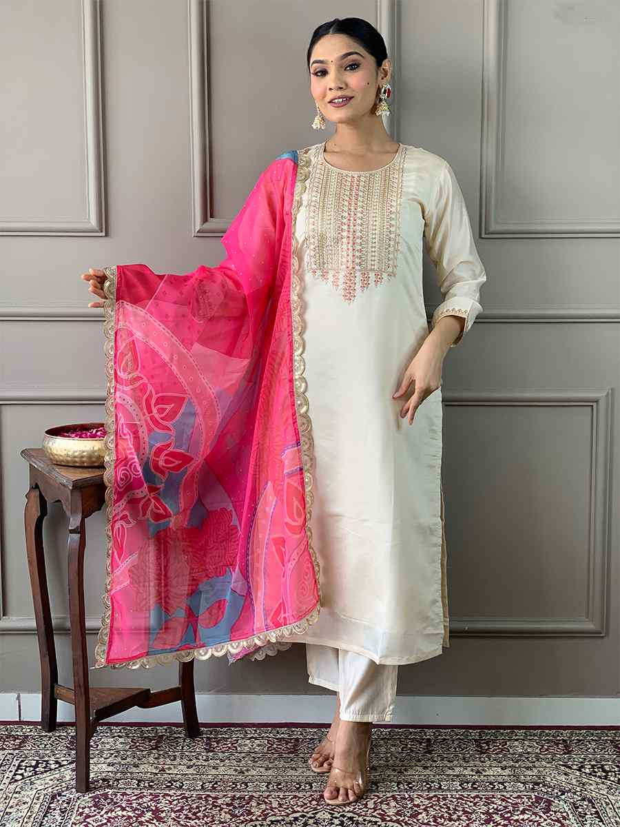 White Viscose Chanderi Embroidered Festival Casual Ready Pant Salwar Kameez