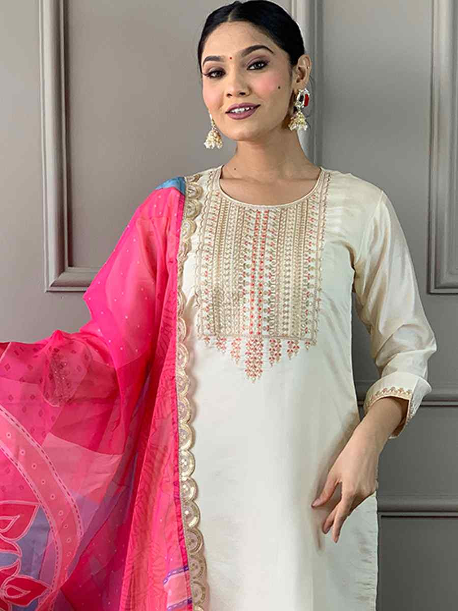 White Viscose Chanderi Embroidered Festival Casual Ready Pant Salwar Kameez