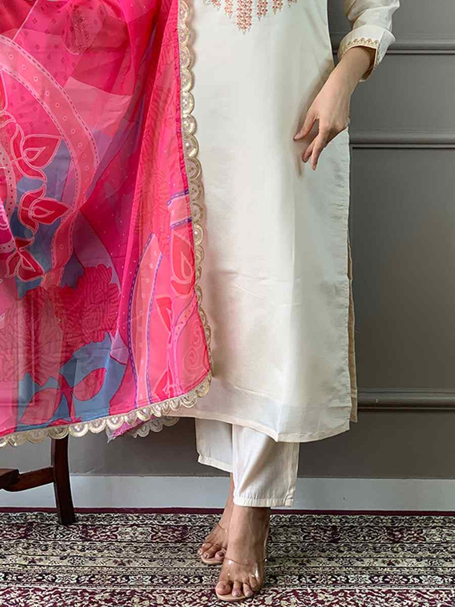 White Viscose Chanderi Embroidered Festival Casual Ready Pant Salwar Kameez