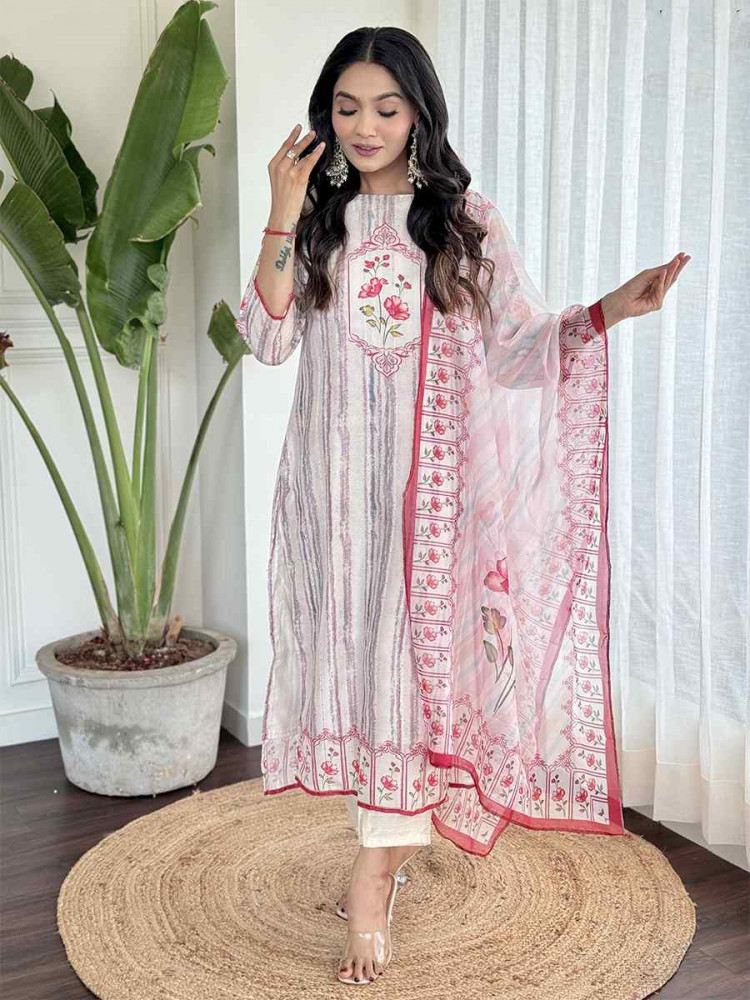 White Viscose Chanderi Silk Embroidered Festival Casual Ready Pant Salwar Kameez