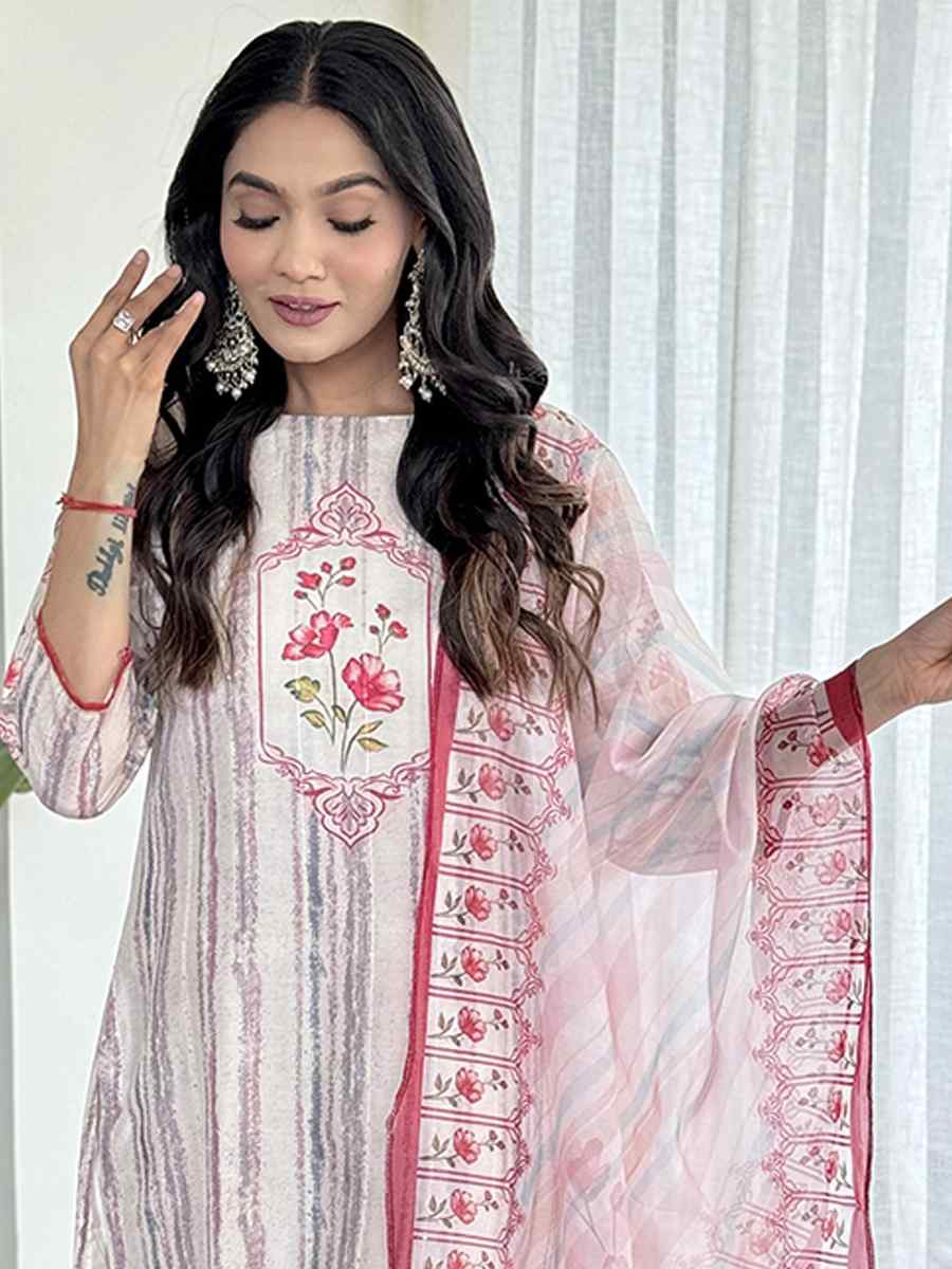 White Viscose Chanderi Silk Embroidered Festival Casual Ready Pant Salwar Kameez