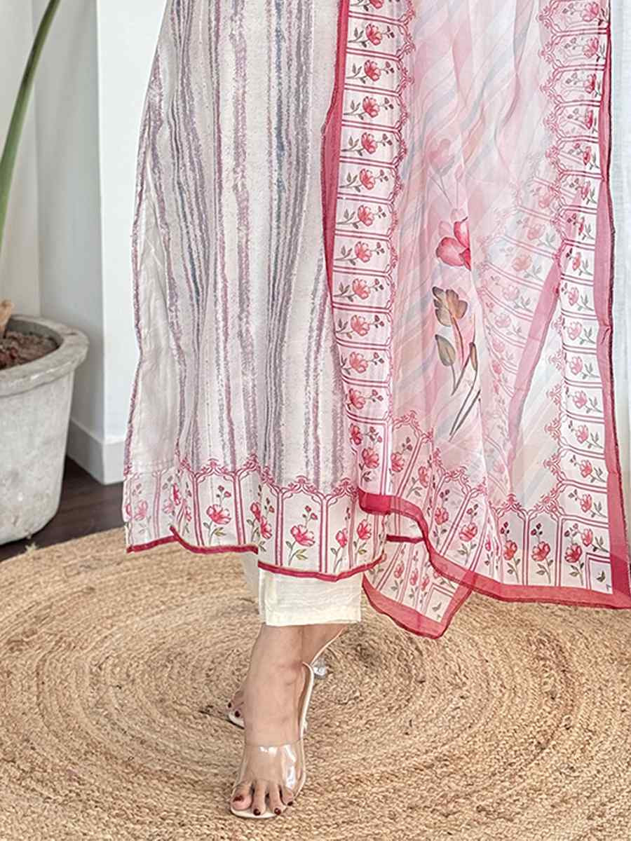 White Viscose Chanderi Silk Embroidered Festival Casual Ready Pant Salwar Kameez