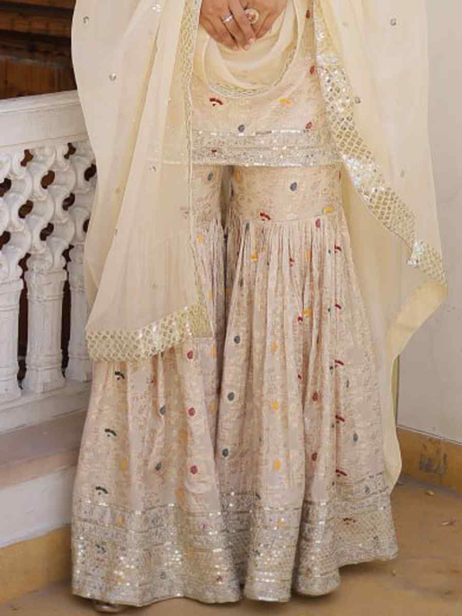 White Viscose Jacquard Embroidered Festival Party Ready Sharara Pant Salwar Kameez