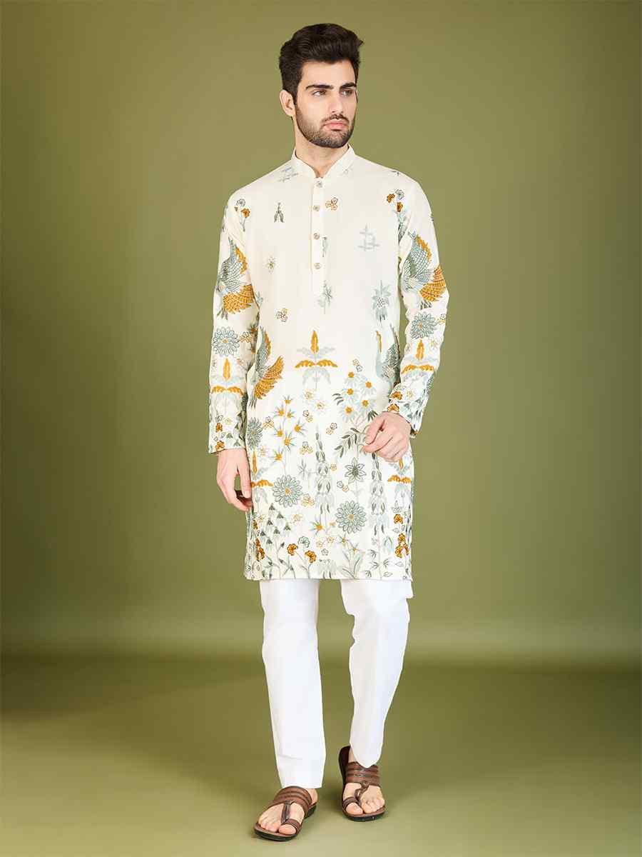 White Viscose Rayon Embroidered Festival Wedding Kurta