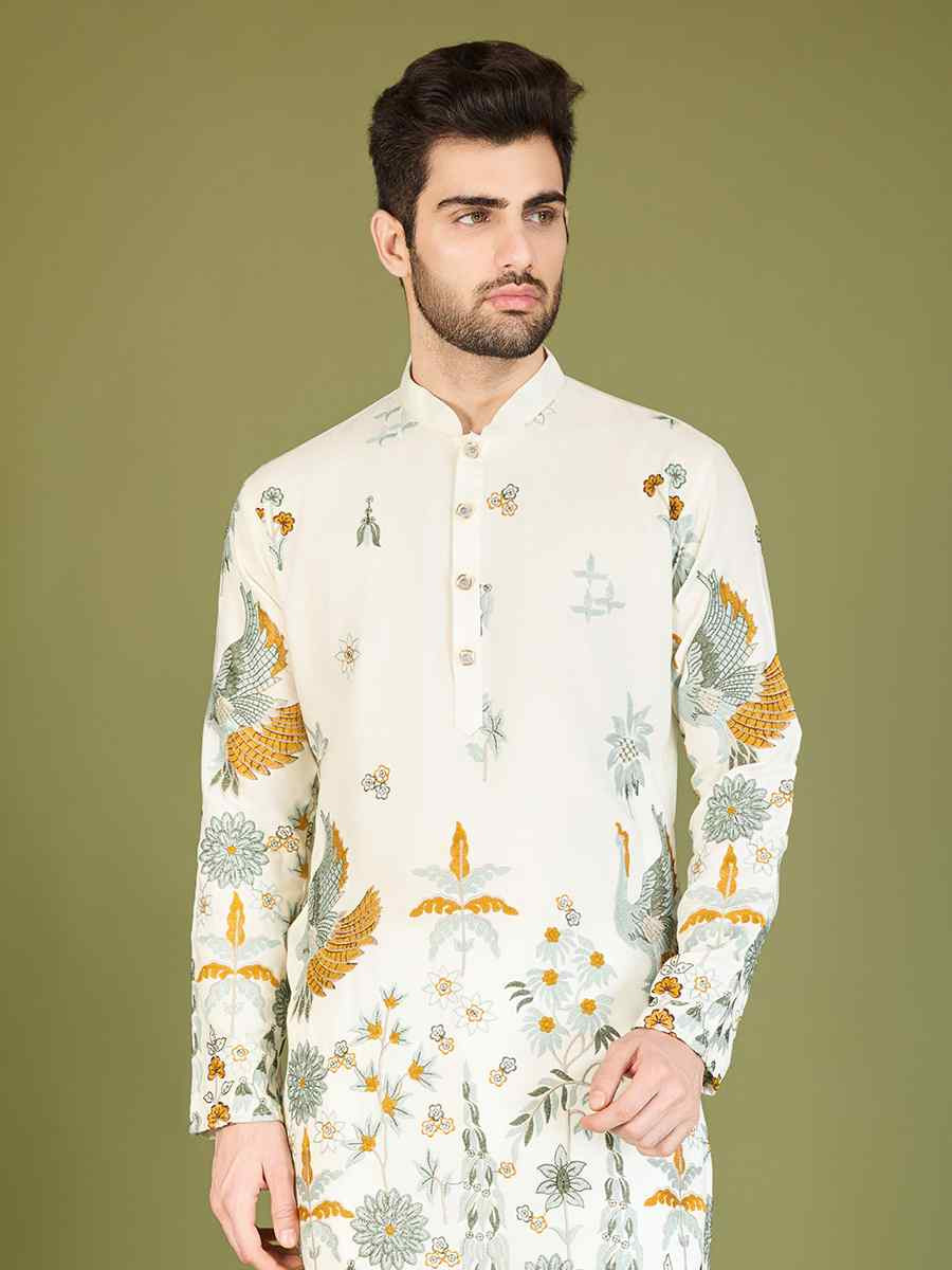 White Viscose Rayon Embroidered Festival Wedding Kurta