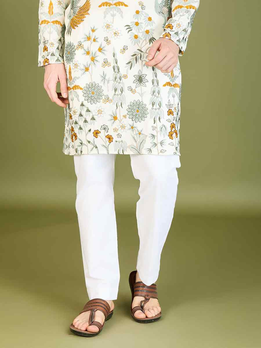 White Viscose Rayon Embroidered Festival Wedding Kurta