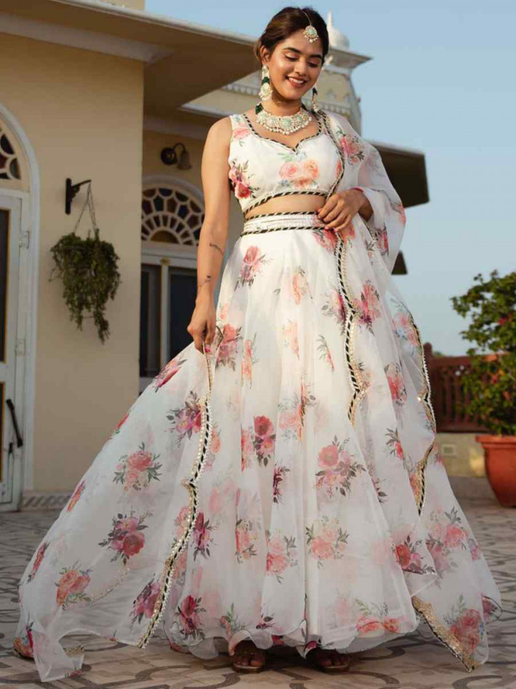 Whiten Organza Embroidered Bridesmaid Wedding Heavy Border Lehenga Choli