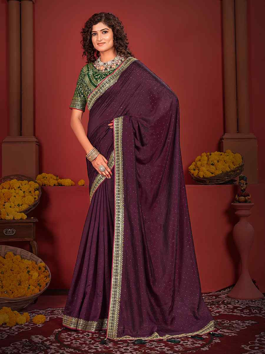 Wine Art Silk Embroidered Festival Wedding Heavy Border Saree