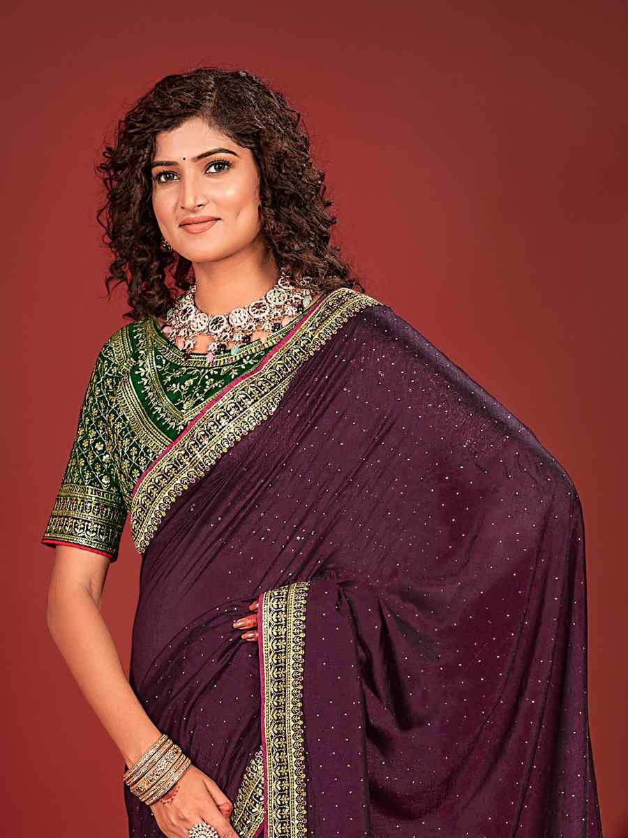 Wine Art Silk Embroidered Festival Wedding Heavy Border Saree