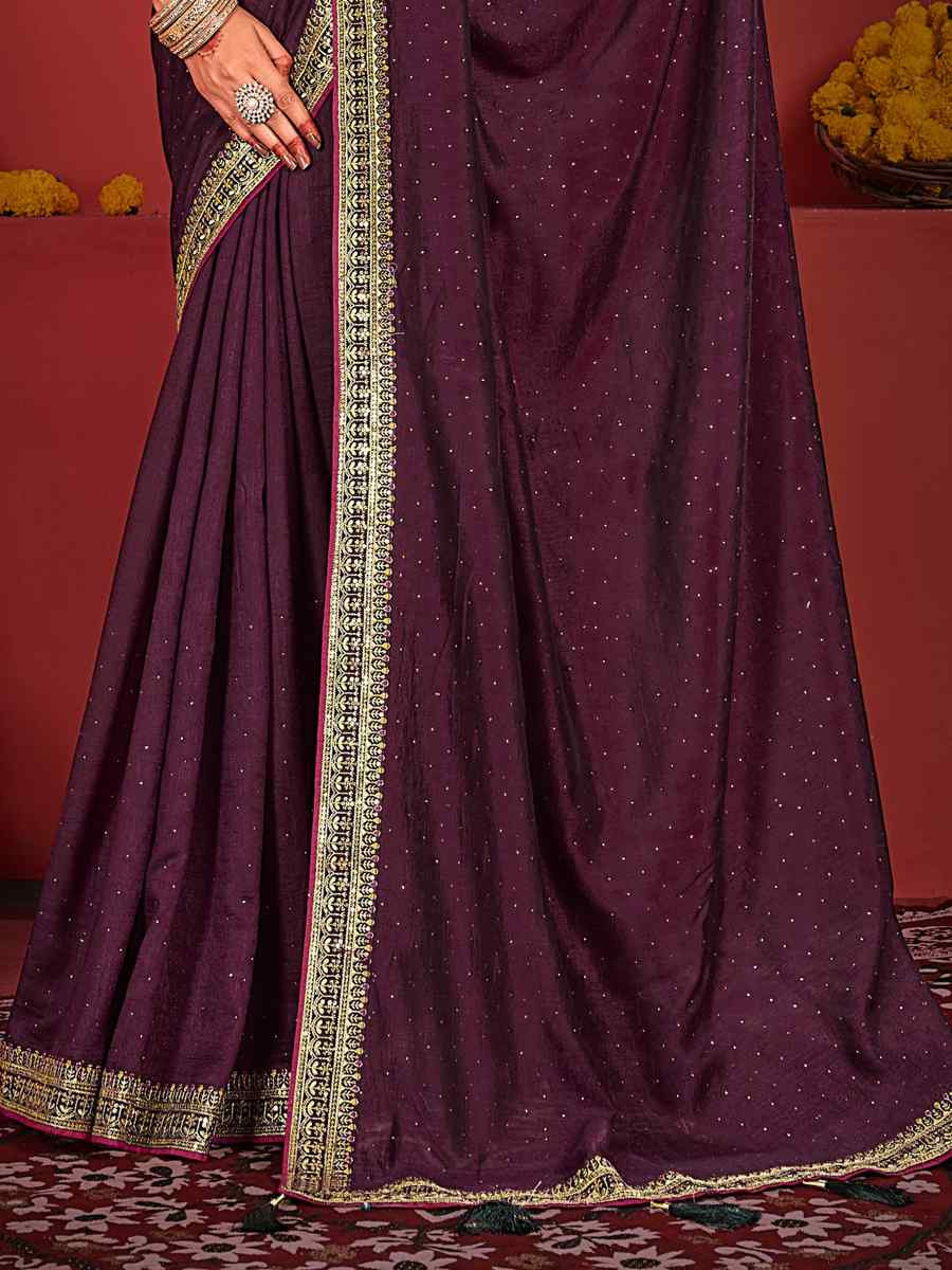 Wine Art Silk Embroidered Festival Wedding Heavy Border Saree