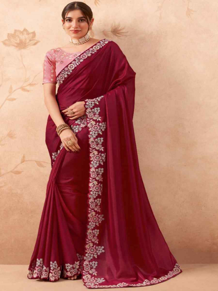 Wine Art Silk Embroidered Festival Wedding Heavy Border Saree