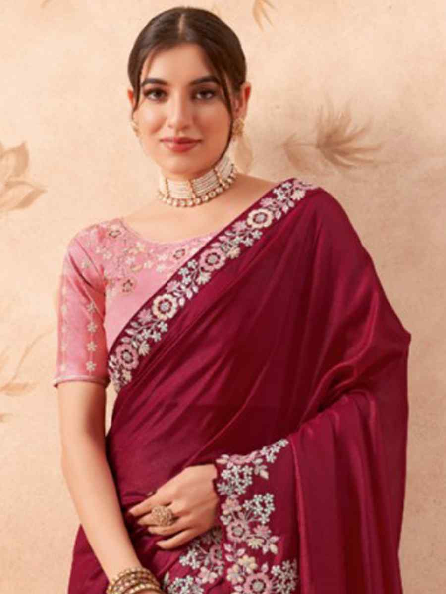 Wine Art Silk Embroidered Festival Wedding Heavy Border Saree