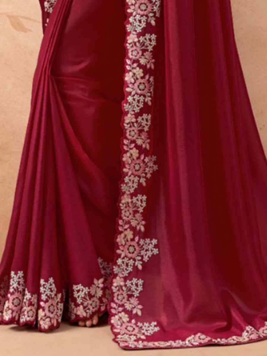 Wine Art Silk Embroidered Festival Wedding Heavy Border Saree