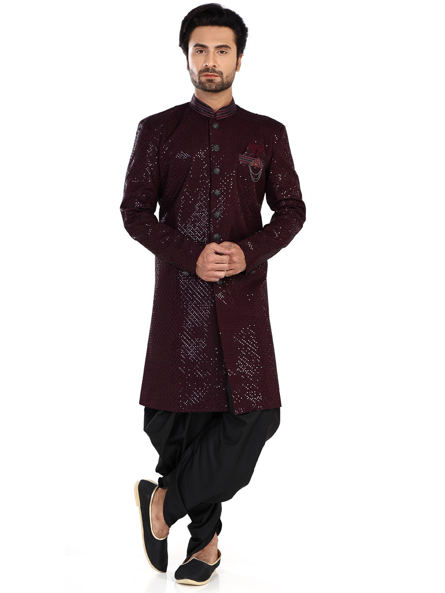 Wine Art Silk Embroidered Party Wedding Kurta