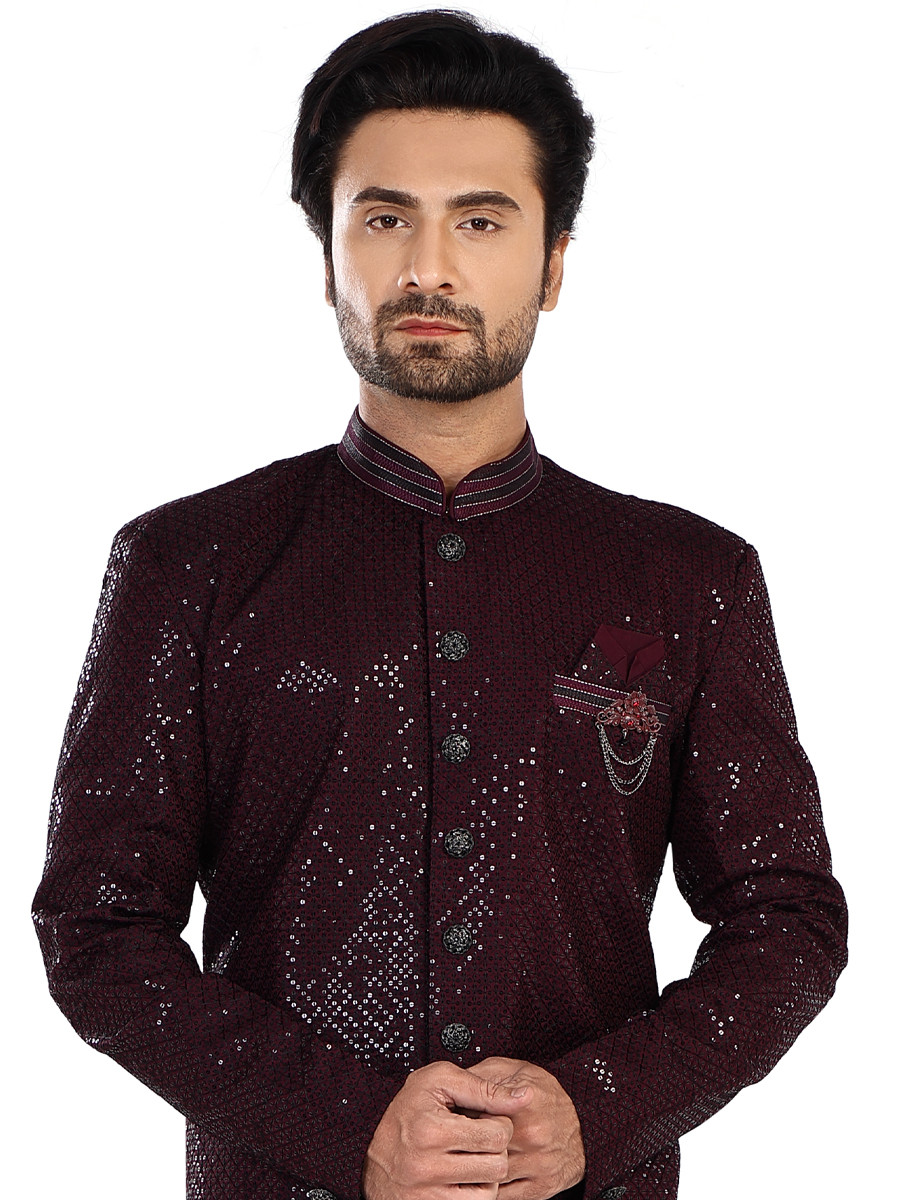 Wine Art Silk Embroidered Party Wedding Kurta