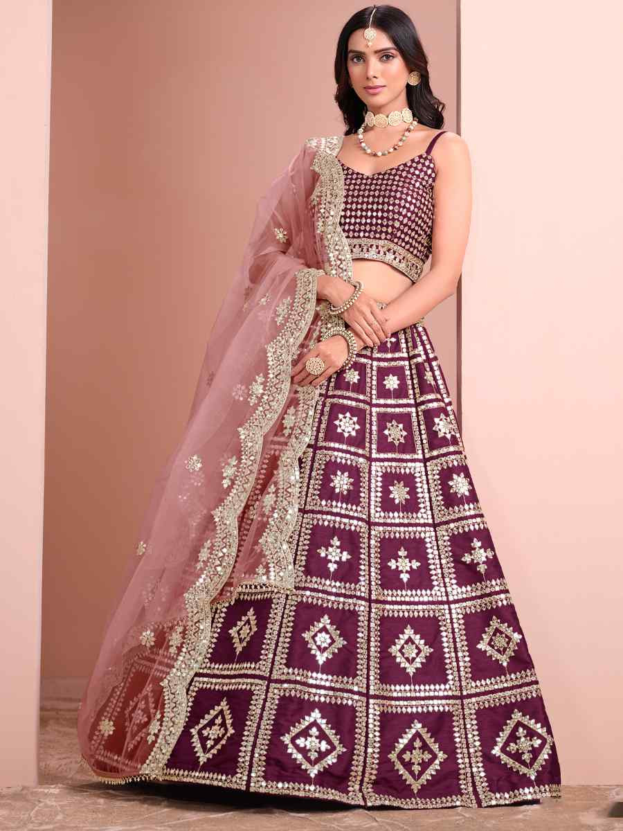 Wine Art Silk Embroidered Wedding Festival Heavy Border Lehenga Choli