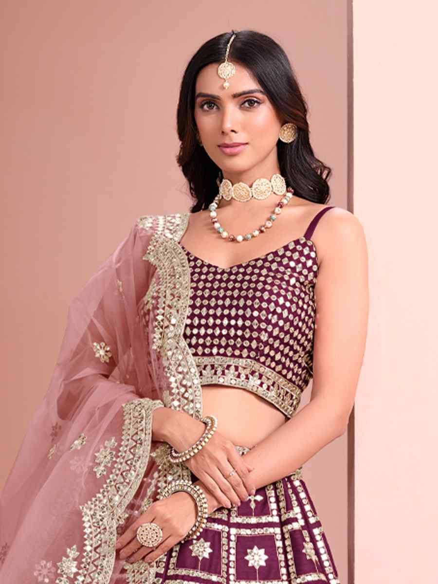 Wine Art Silk Embroidered Wedding Festival Heavy Border Lehenga Choli