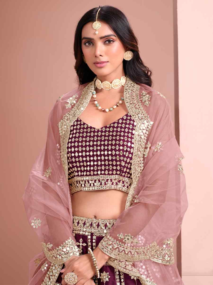 Wine Art Silk Embroidered Wedding Festival Heavy Border Lehenga Choli