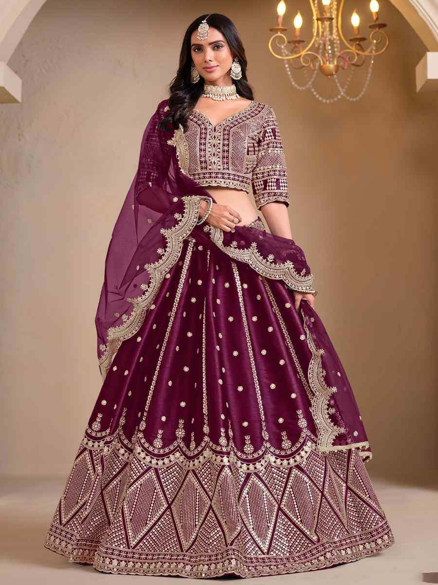 Wine Art Silk Embroidered Wedding Festival Heavy Border Lehenga Choli