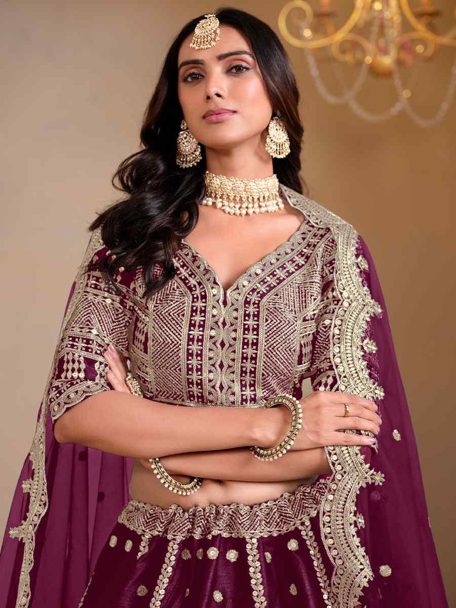 Wine Art Silk Embroidered Wedding Festival Heavy Border Lehenga Choli