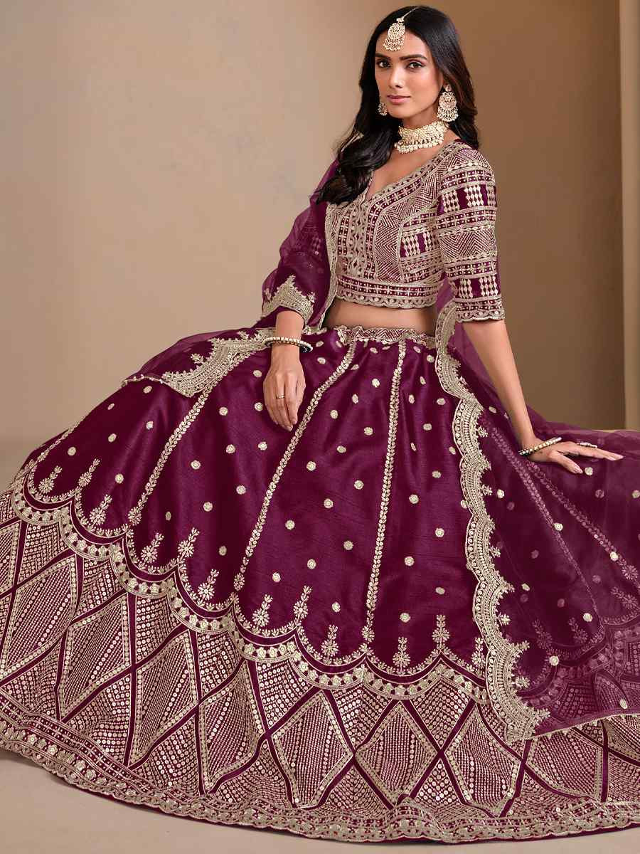 Wine Art Silk Embroidered Wedding Festival Heavy Border Lehenga Choli