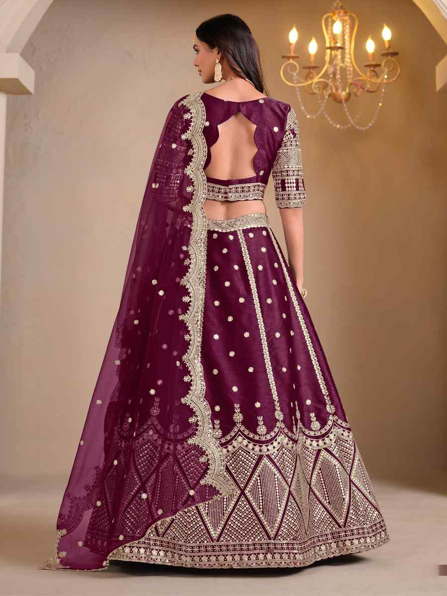 Wine Art Silk Embroidered Wedding Festival Heavy Border Lehenga Choli