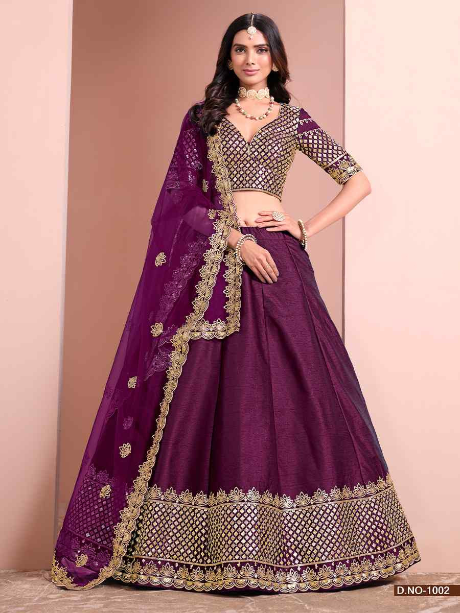 Wine Art Silk Embroidery Reception Party Wear Heavy Border Lehenga Choli