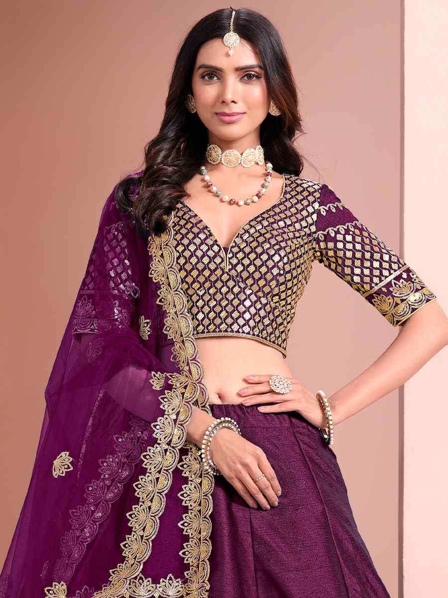 Wine Art Silk Embroidery Reception Party Wear Heavy Border Lehenga Choli