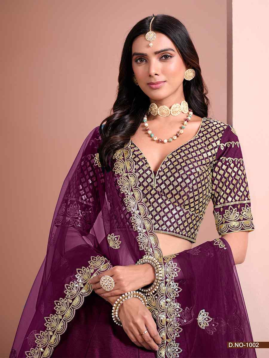 Wine Art Silk Embroidery Reception Party Wear Heavy Border Lehenga Choli