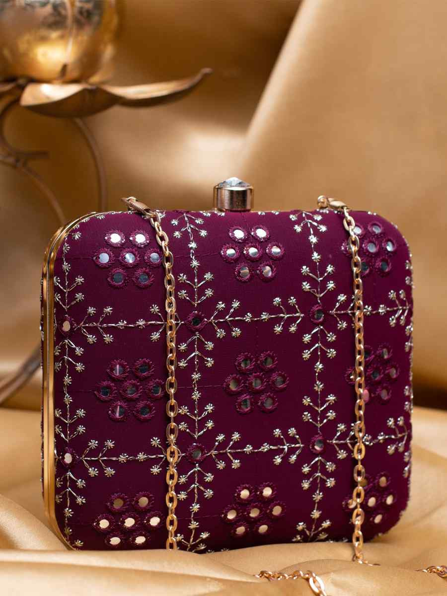 Wine Art Silk Party Wear Embroidered Clutches